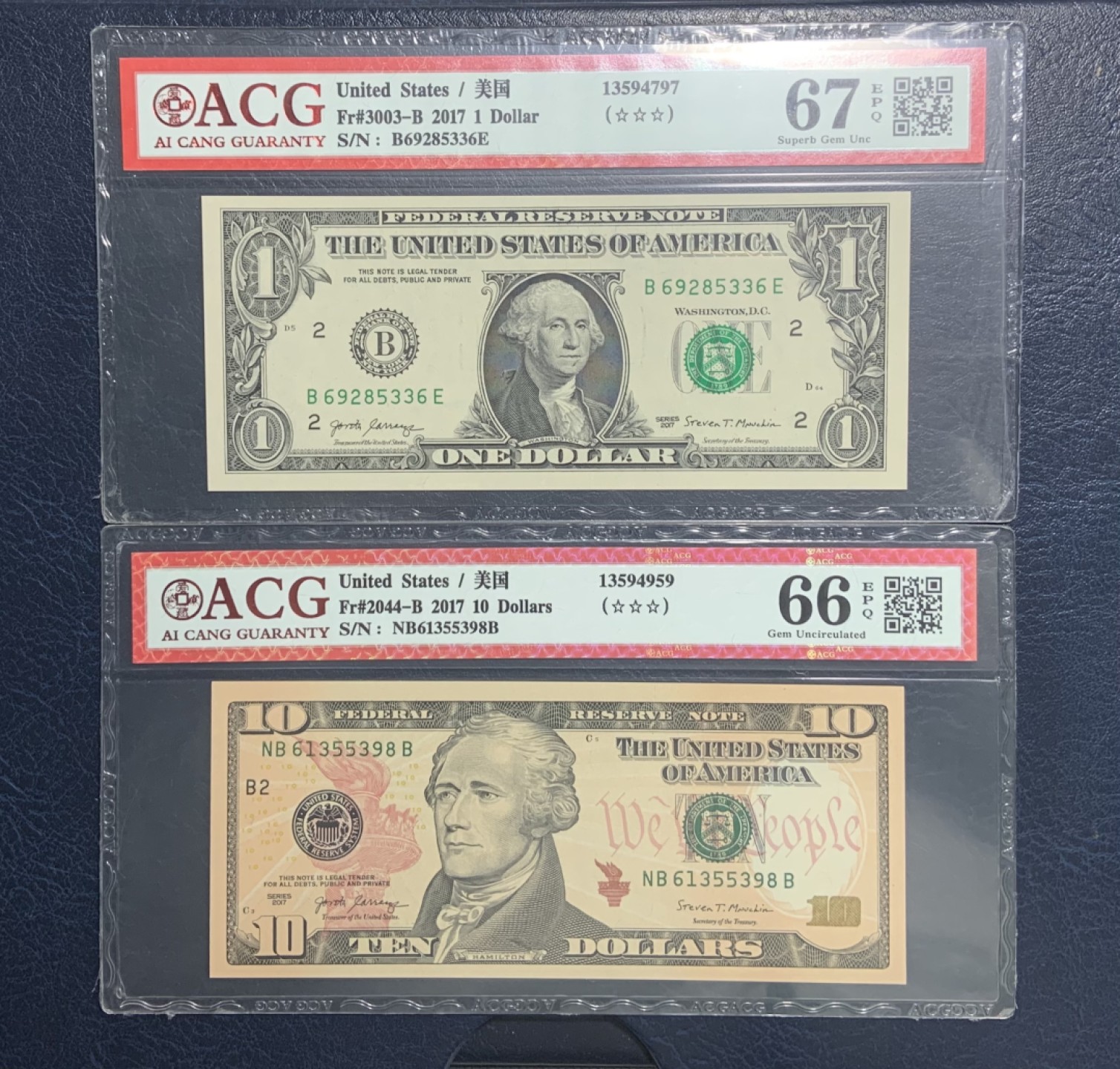 收藏联盟Quantum Auction 第244期拍卖  美国联邦储备券2017年1和10元 ACG66-67