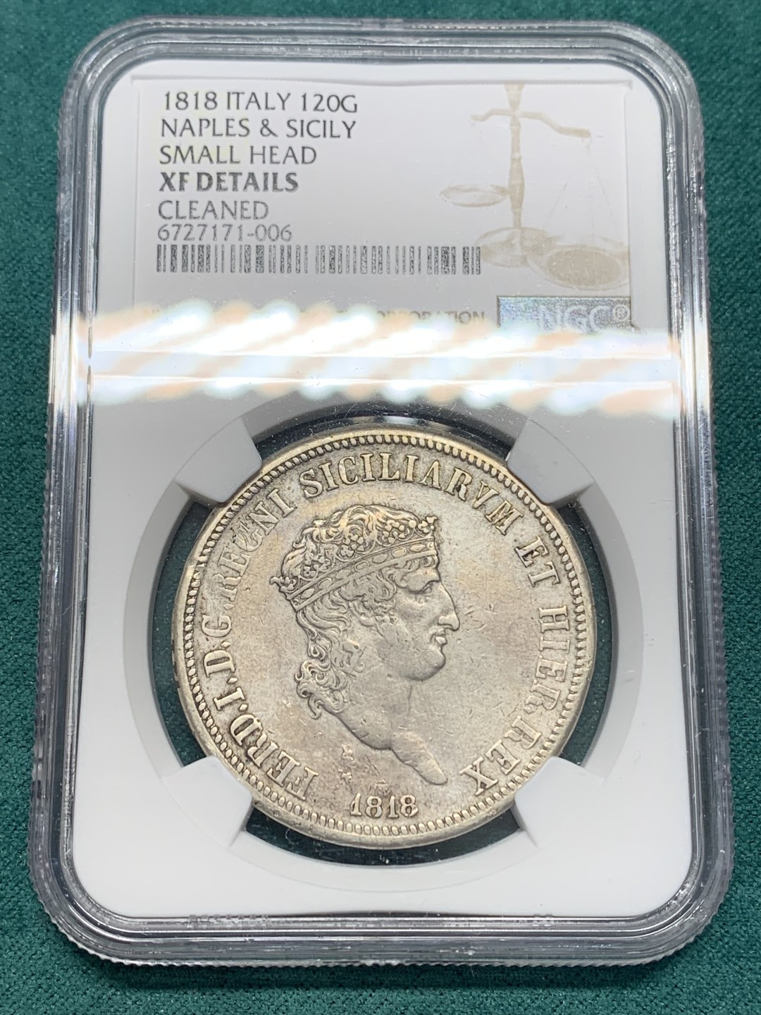 《竞宝斋》第148场-周日，周一 2场 (全场包邮) NGC XF 意大利/波旁-两西西里王朝，1818年120G大银币 费迪南多一世 小头版，状态不错，带减重痕