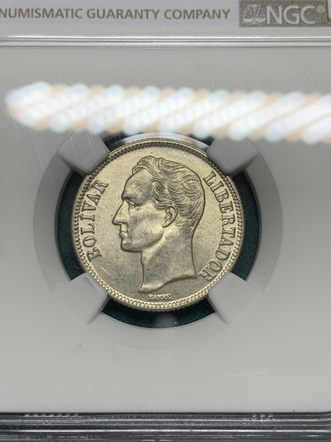 《竞宝斋》第148场-周日，周一 2场 (全场包邮) NGC-MS63 委内瑞拉1954年 1玻利瓦尔银币 原光好品