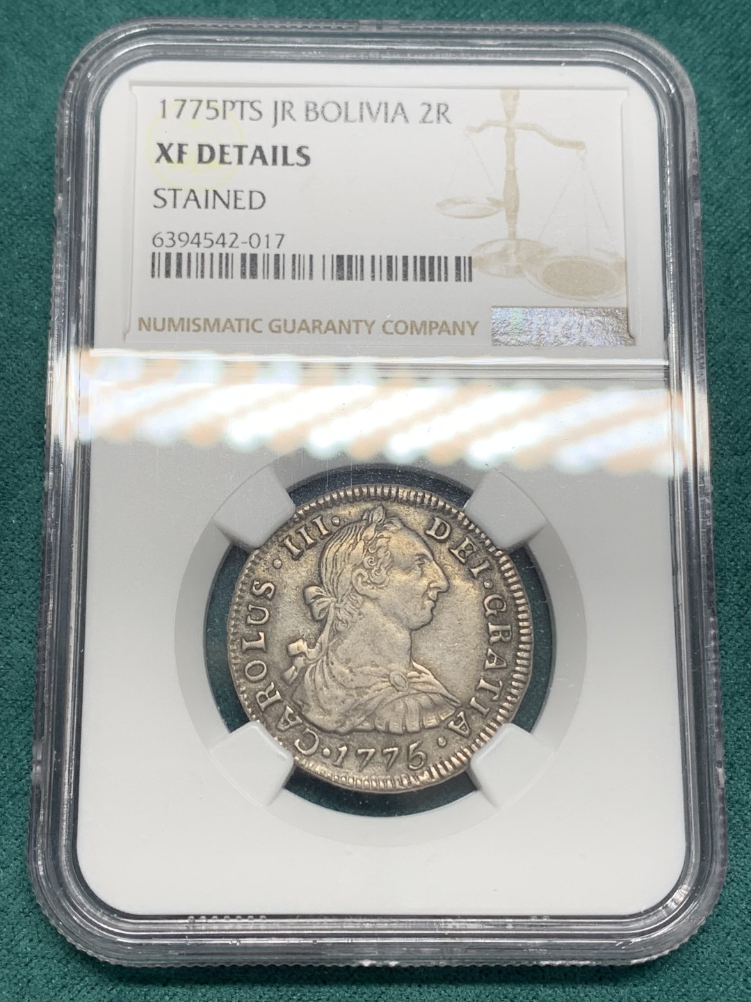 《竞宝斋》第148场-周日，周一 2场 (全场包邮) NGC XFD 1775 玻利维亚 卡三 2里亚尔 双柱银币