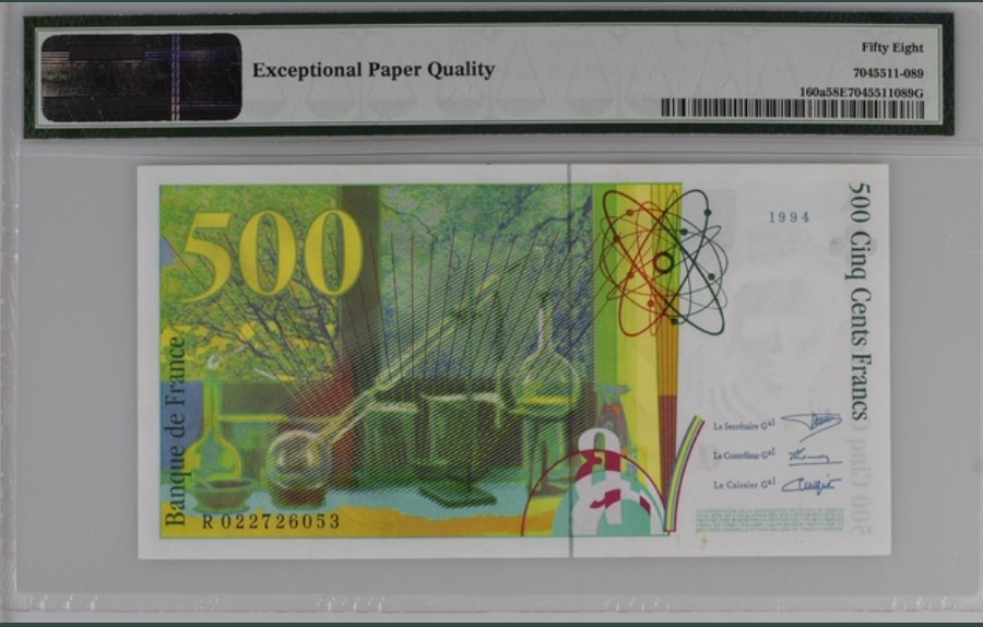 收藏联盟Quantum Auction 第245期拍卖  法国1994-895年500法郎 PMG58e 诺贝尔化学奖得主 居里夫妇