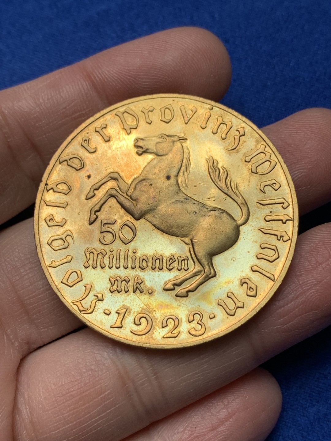 《竞宝斋》第148场-周日，周一 2场 (全场包邮) 德国 威斯特伐利亚 1923年5千万马克镀金 大马币