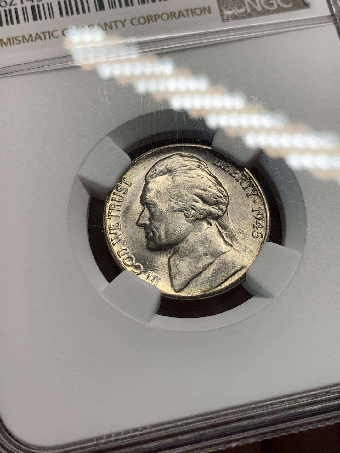 《竞宝斋》第148场-周日，周一 2场 (全场包邮) NGC-MS64 美国1945年 5美分 杰弗逊战时五美分 含银版（仅1942-1945年含银，其余年份为镍币）