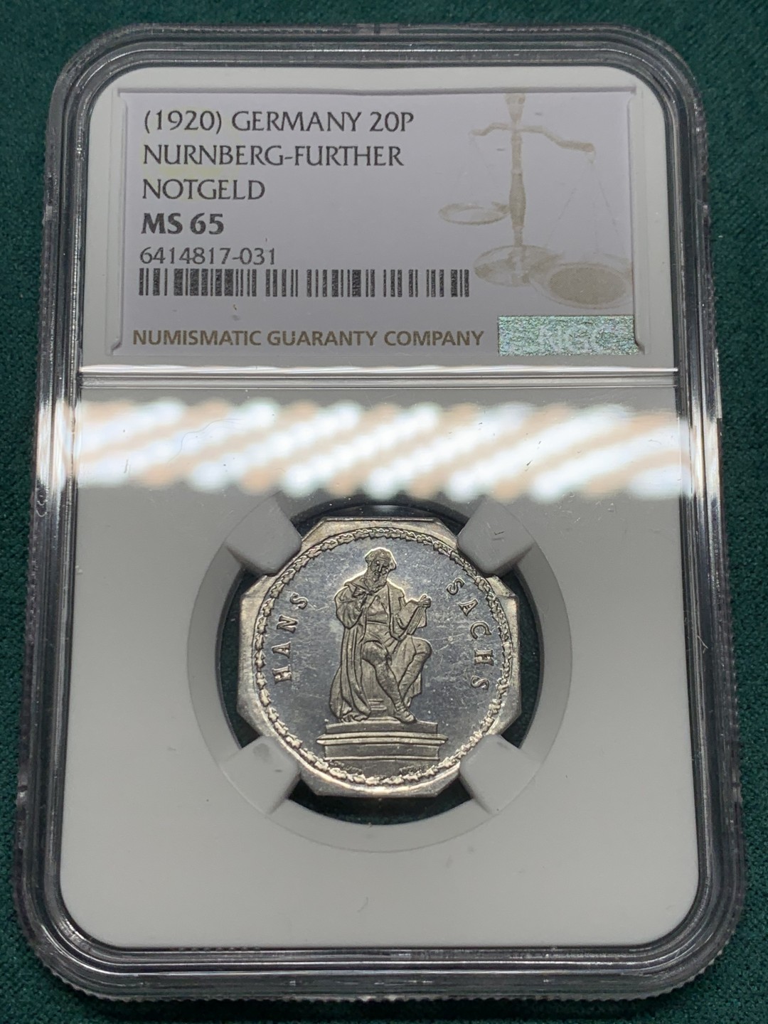 《竞宝斋》第148场-周日，周一 2场 (全场包邮) NGC MS65 德国 纽伦堡 1920年 紧急状态币 20盆尼 人物状态清晰