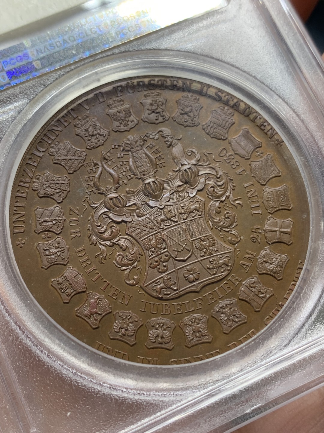 《竞宝斋》第148场-周日，周一 2场 (全场包邮) PCGS SP66 1830年奥格斯堡信条颁布300周年铜章，纷繁复杂的设计包含了众多历史人物和邦徽，P盒唯一纪录，珍藏级