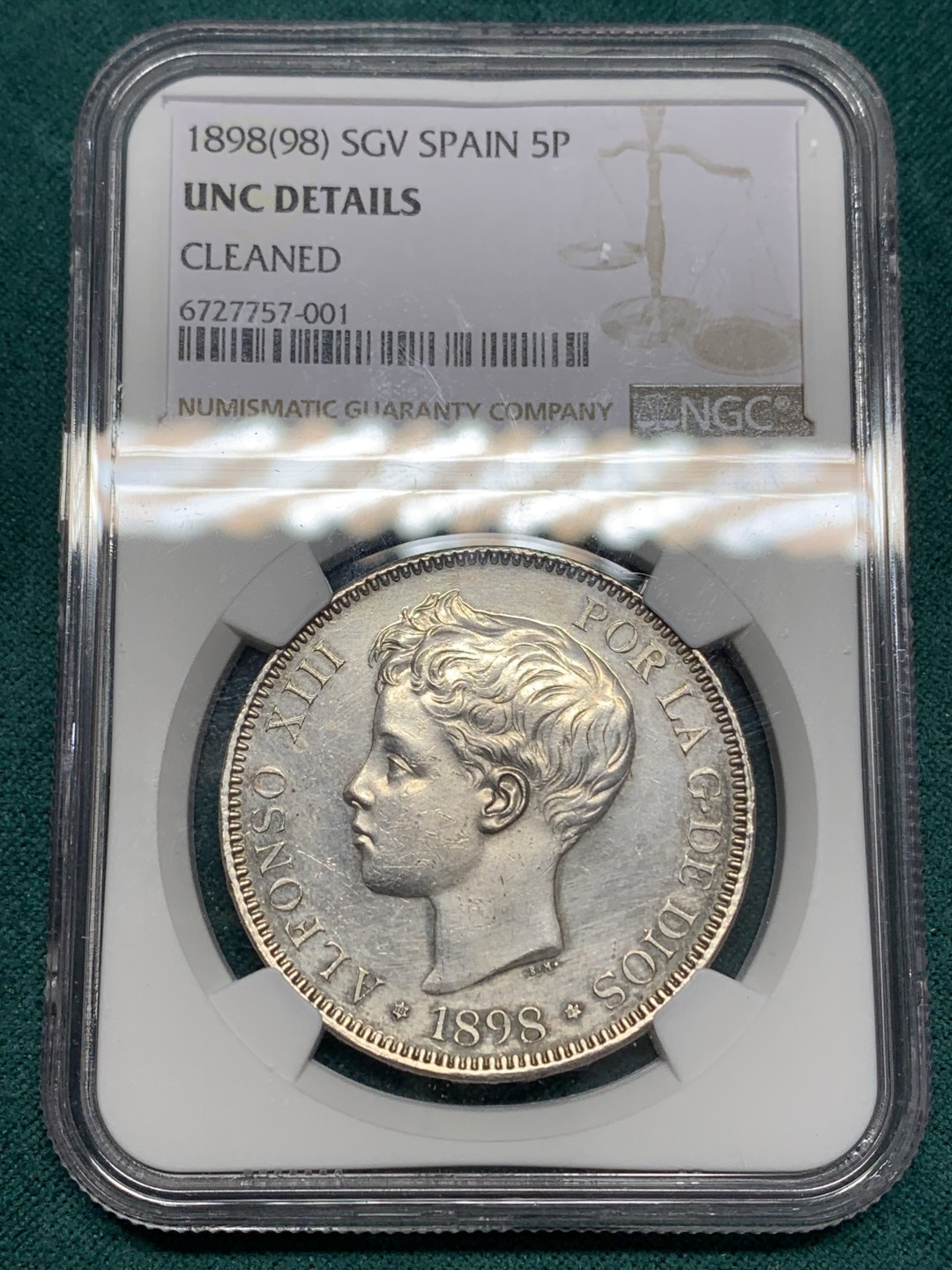 《竞宝斋》第148场-周日，周一 2场 (全场包邮) NGC UNC 西班牙 1898年 阿方索十三世 5比塞塔银币 细节不错