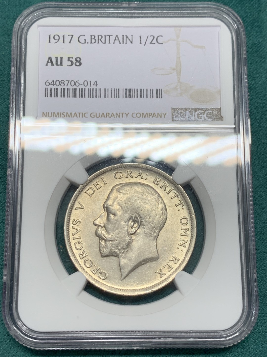 《竞宝斋》第148场-周日，周一 2场 (全场包邮) NGC-AU58 英国 1917年 乔治五世半克朗银币 乔五早期年份 925高银版 原色银光 转光流畅