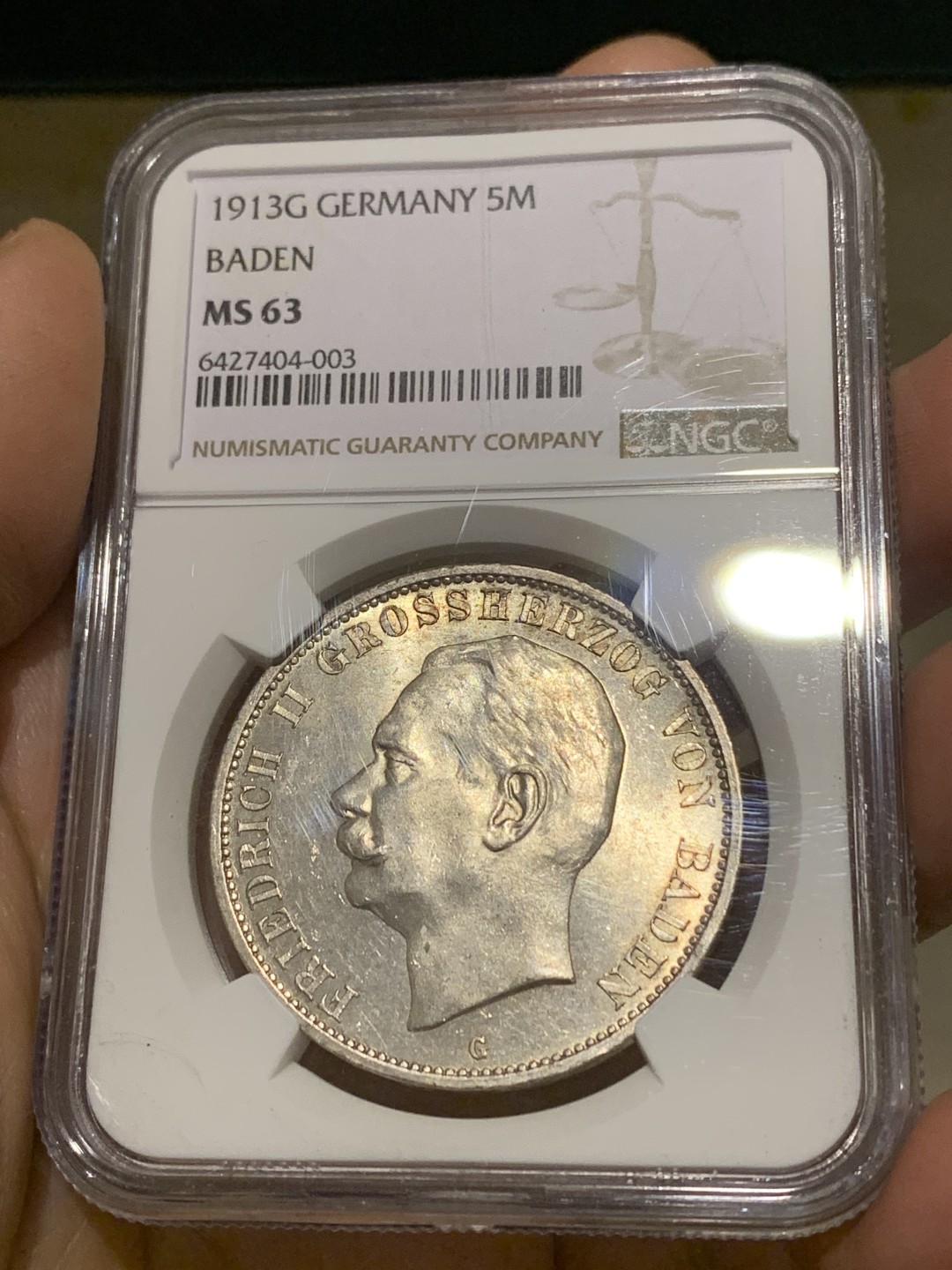 《竞宝斋》第148场-周日，周一 2场 (全场包邮) NGC-MS63 德国1913年 巴登 5马克 大银币 少见品种