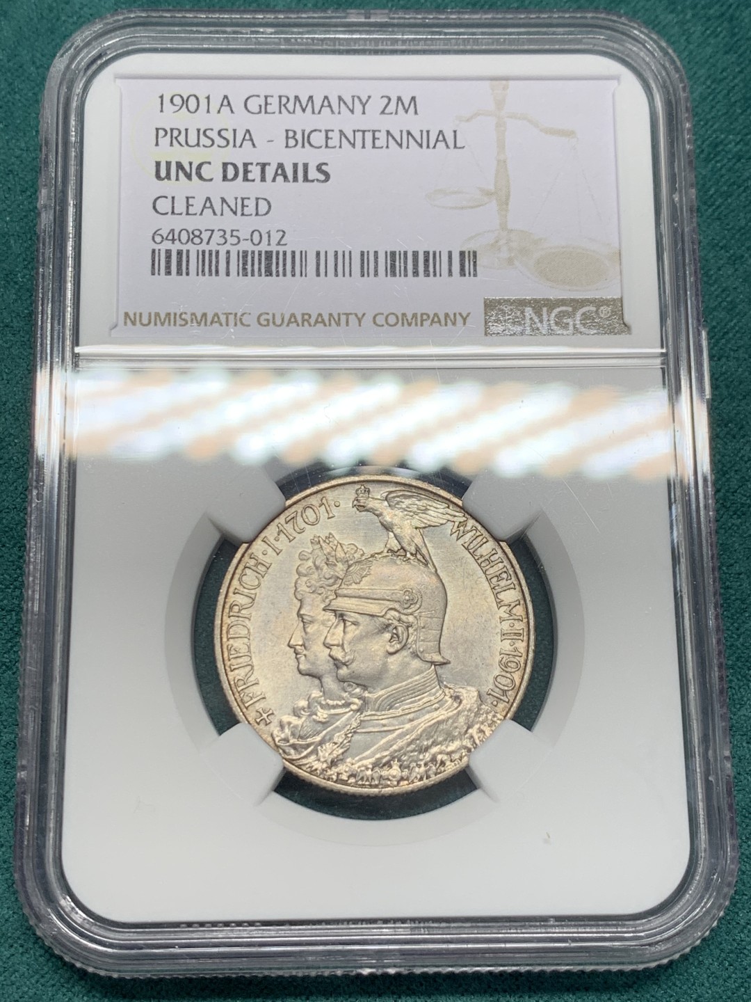 《竞宝斋》第148场-周日，周一 2场 (全场包邮) NGC-UNC 德国1901年 两百周年纪念2马克银币 顶级原光好品