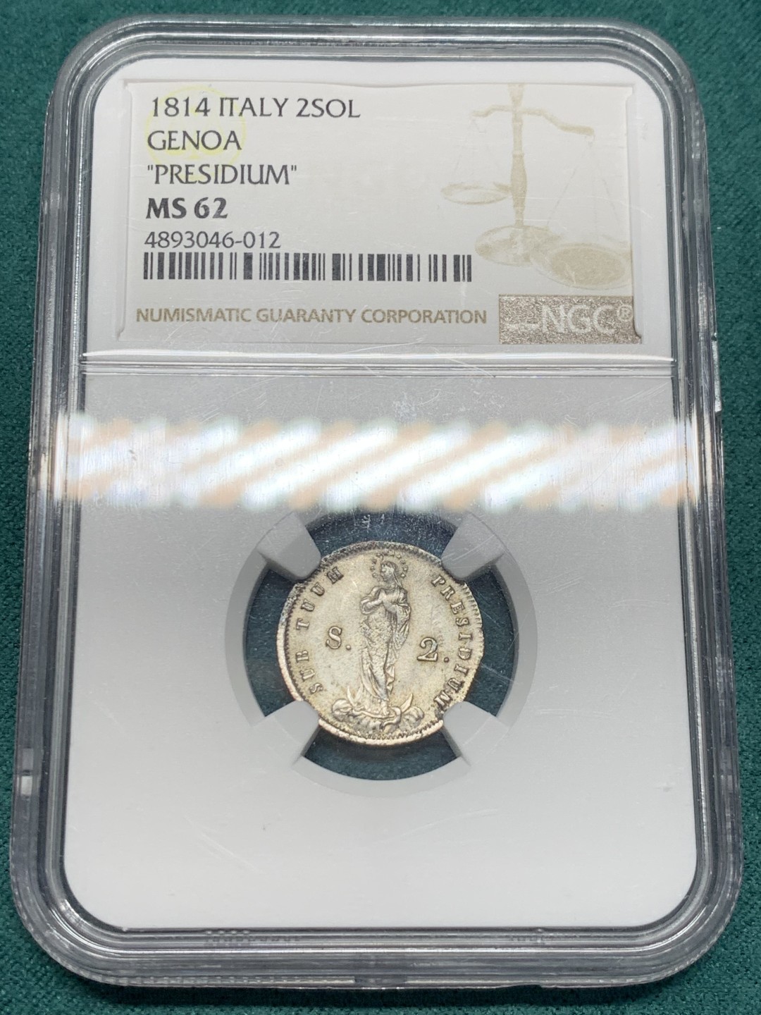 《竞宝斋》第148场-周日，周一 2场 (全场包邮) NGC-MS62 意大利 热那亚 1814年 2Soldi 少见品种  好看的圣母图案