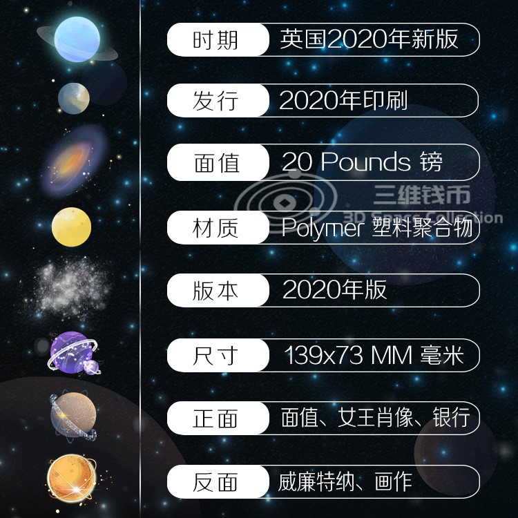 英国20镑塑料钞 G序列 威廉特纳 伊丽莎白二世 全新UNC [三维钱币]