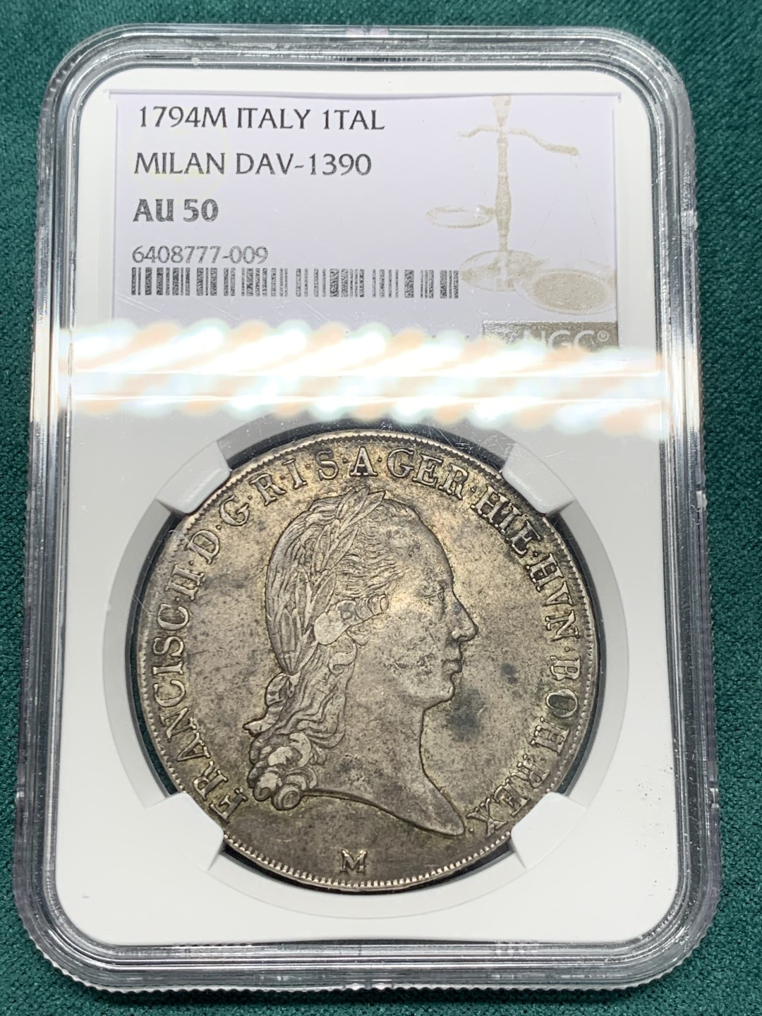 《竞宝斋》第148场-周日，周一 2场 (全场包邮) NGC-AU50 意大利1794年 米兰早1泰勒大银币 原味好品