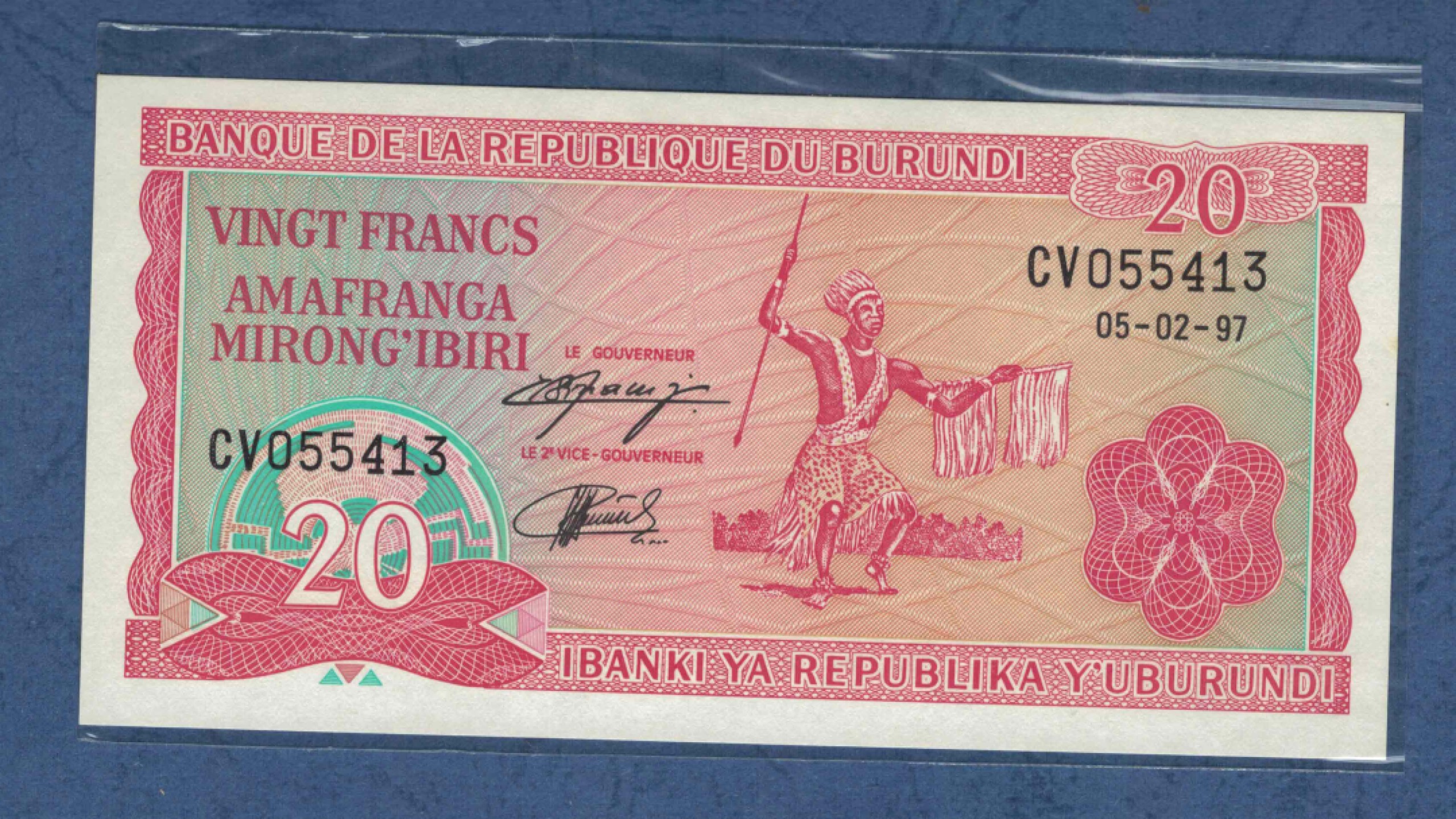 布隆迪20法郎 1997年 年份少 非洲纸币 实物图 UNC