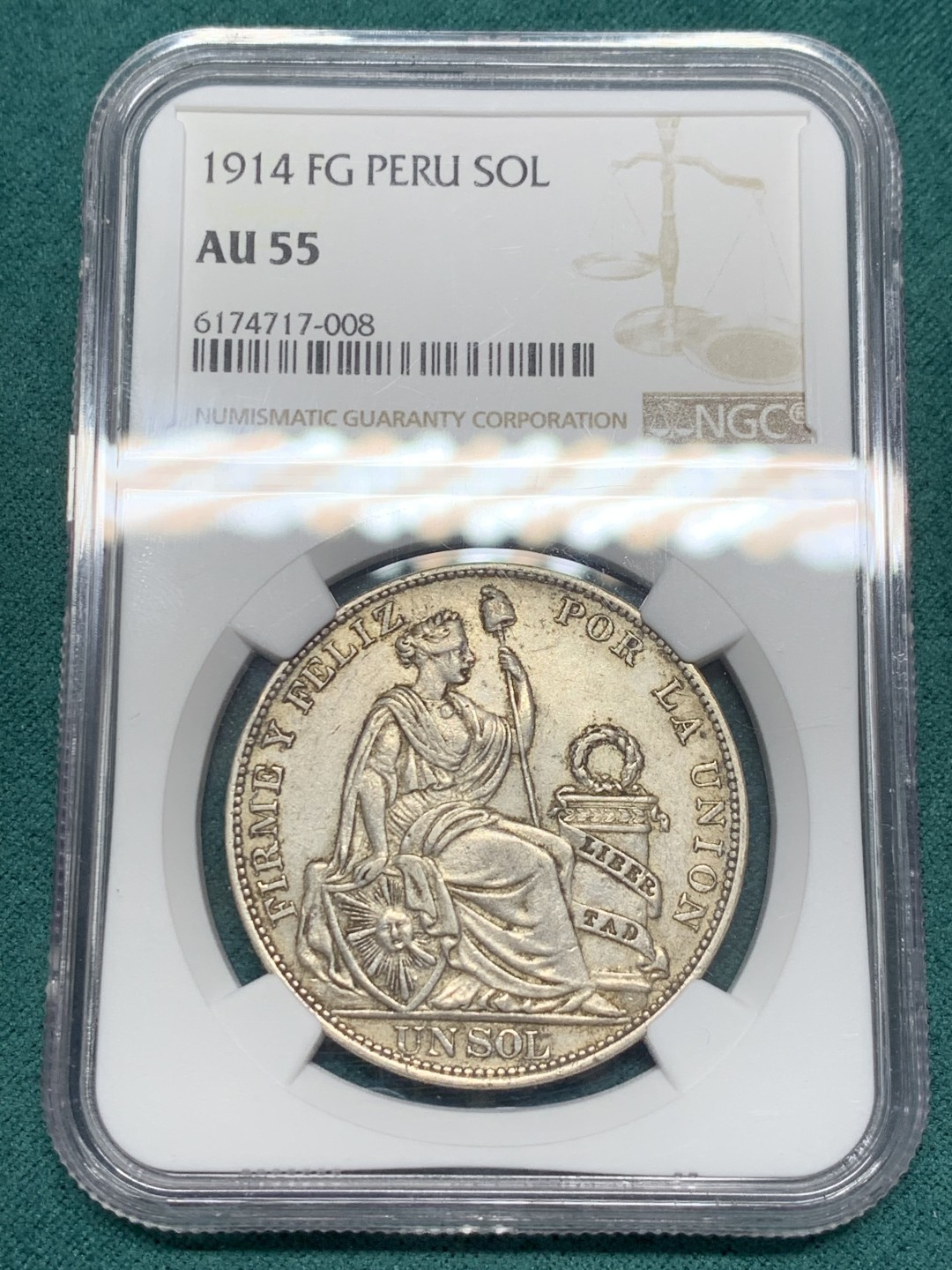 《竞宝斋》第148场-周日，周一 2场 (全场包邮) NGC AU55 秘鲁 1914年 1索尔银币 坐女神前期高银版