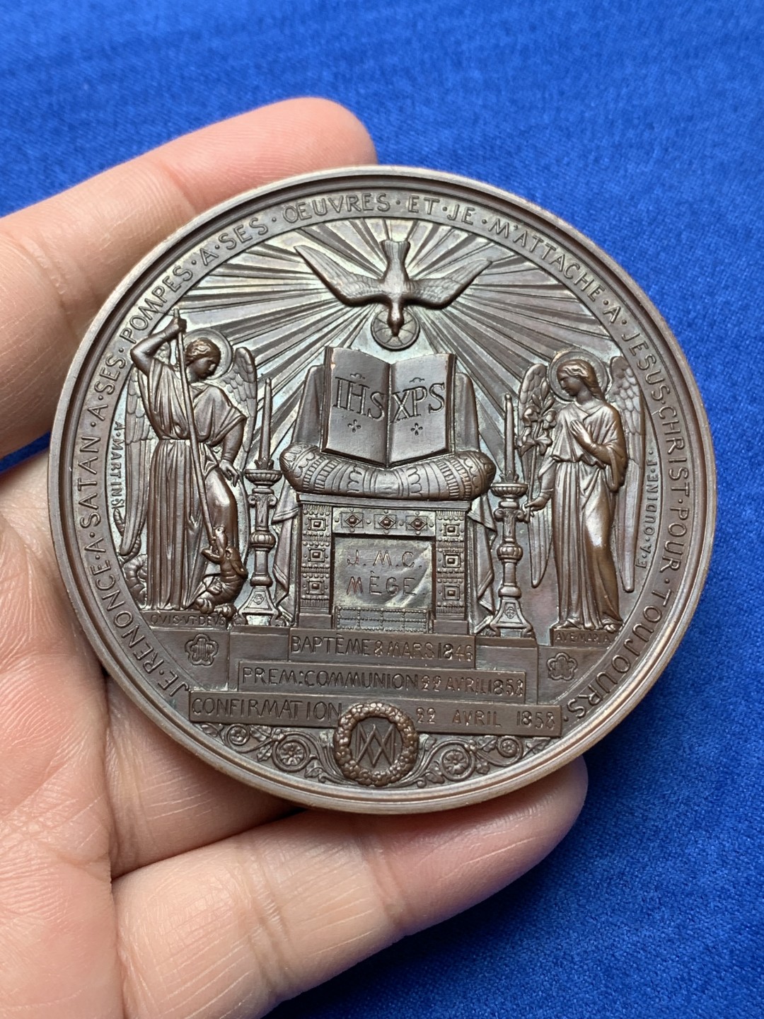 《竞宝斋》第148场-周日，周一 2场 (全场包邮) 法国1858年 宗教洗礼艺术铜章 早期好品 边铭：手指+铜标+BARBE  直径：69mm 重量：144g