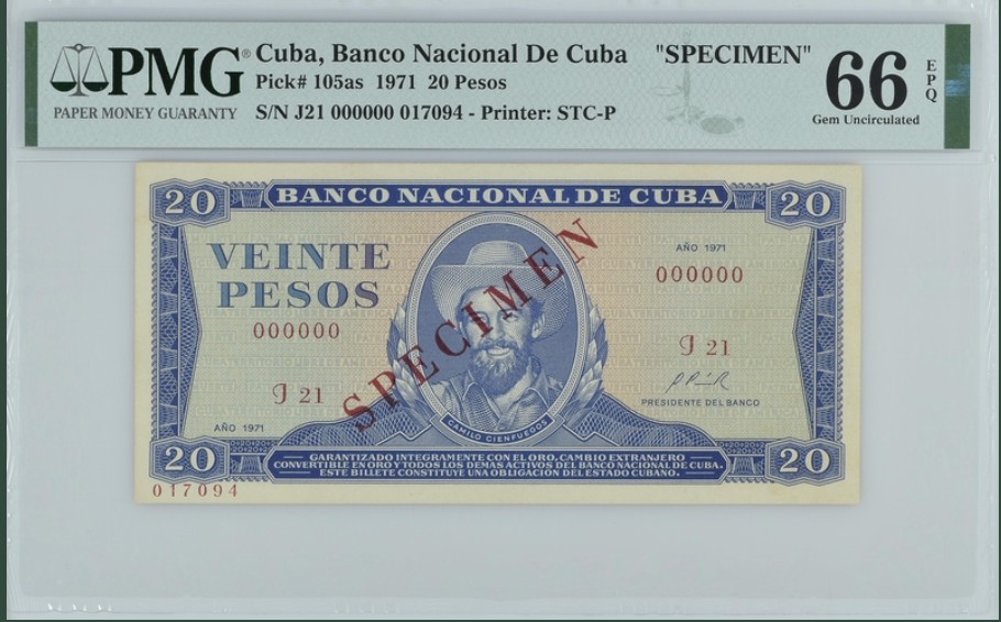 收藏联盟Quantum Auction 第245期拍卖  古巴1971年20比索样票 PMG66