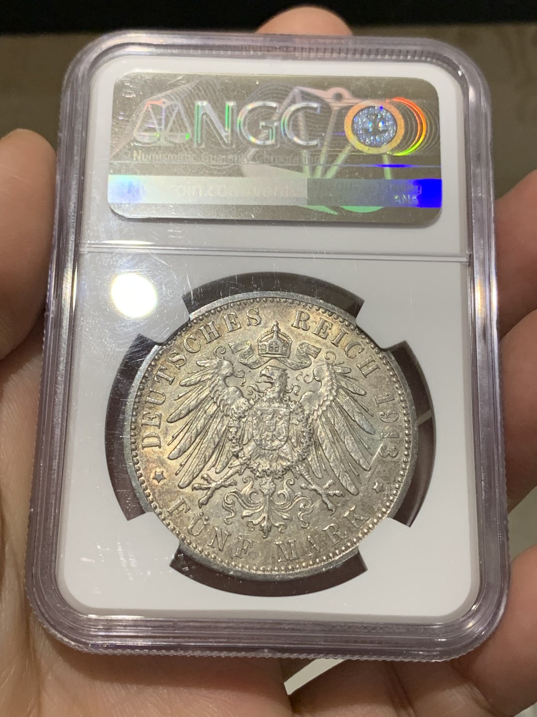 《竞宝斋》第148场-周日，周一 2场 (全场包邮) NGC-AU58 德国 1913年 汉堡5马克银币 细节不错 有点低评