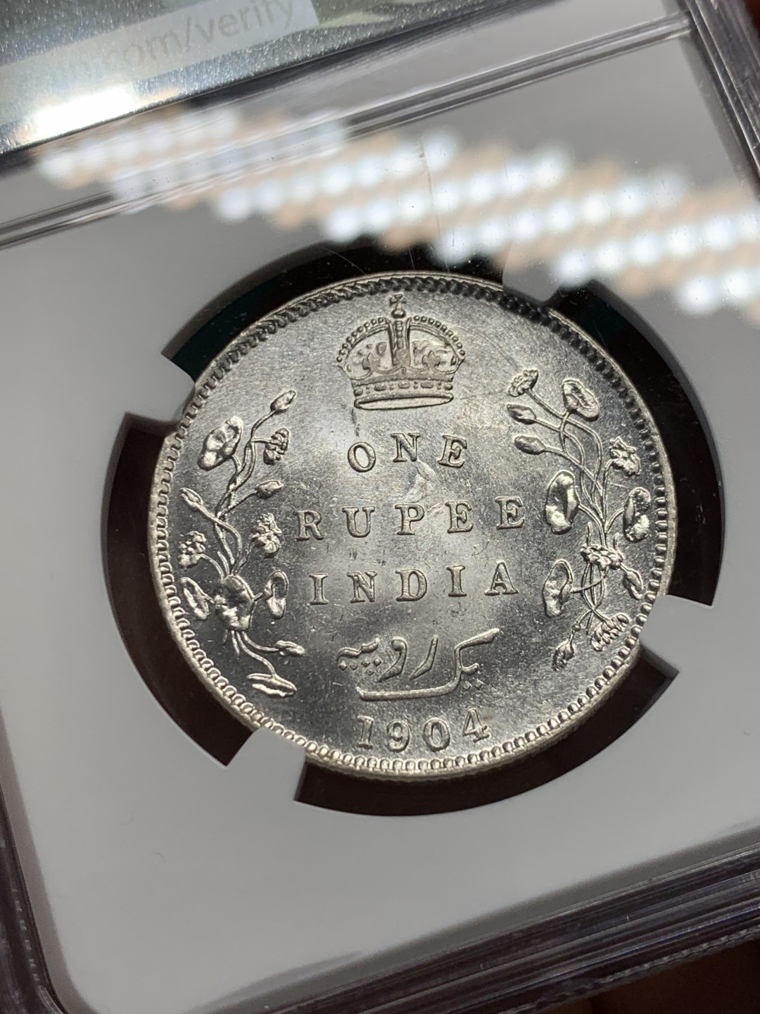 《竞宝斋》第148场-周日，周一 2场 (全场包邮) NGC MS63 英属印度 1904年B版 爱德华七世 1卢比银币 满银光好品 镜面底板 光可照人 细节优异