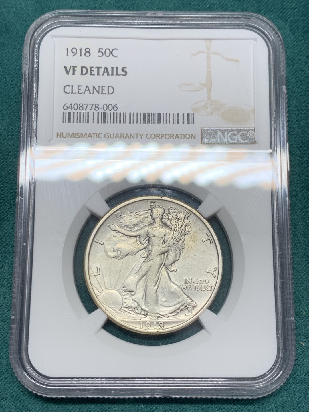 《竞宝斋》第148场-周日，周一 2场 (全场包邮) NGC-VF 美国1918年 行走女神半圆 这个是早期年份 一般都是40几年好品 ，这个有VF已经不得了了