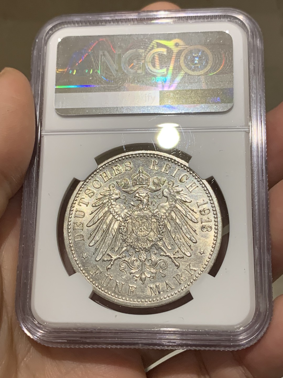 《竞宝斋》第148场-周日，周一 2场 (全场包邮) NGC-MS63 德国1913年 巴登 5马克 大银币 少见品种