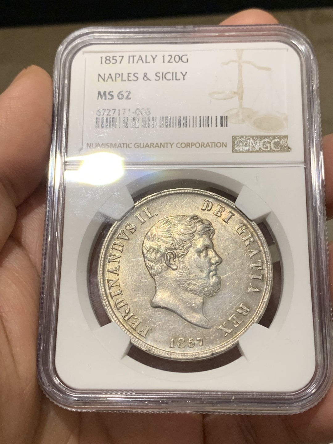 《竞宝斋》第148场-周日，周一 2场 (全场包邮) NGC MS62 意大利/波旁-两西西里 1857年120G，字母“D”断字版