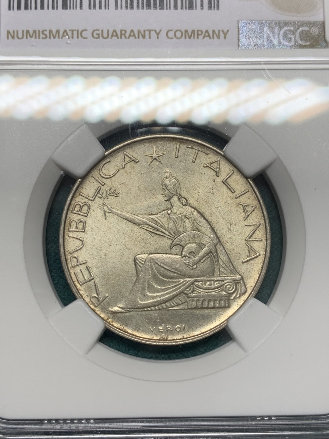 《竞宝斋》第148场-周日，周一 2场 (全场包邮) NGC-MS63 意大利1961年 坐人500里拉银币 顶级原光好品