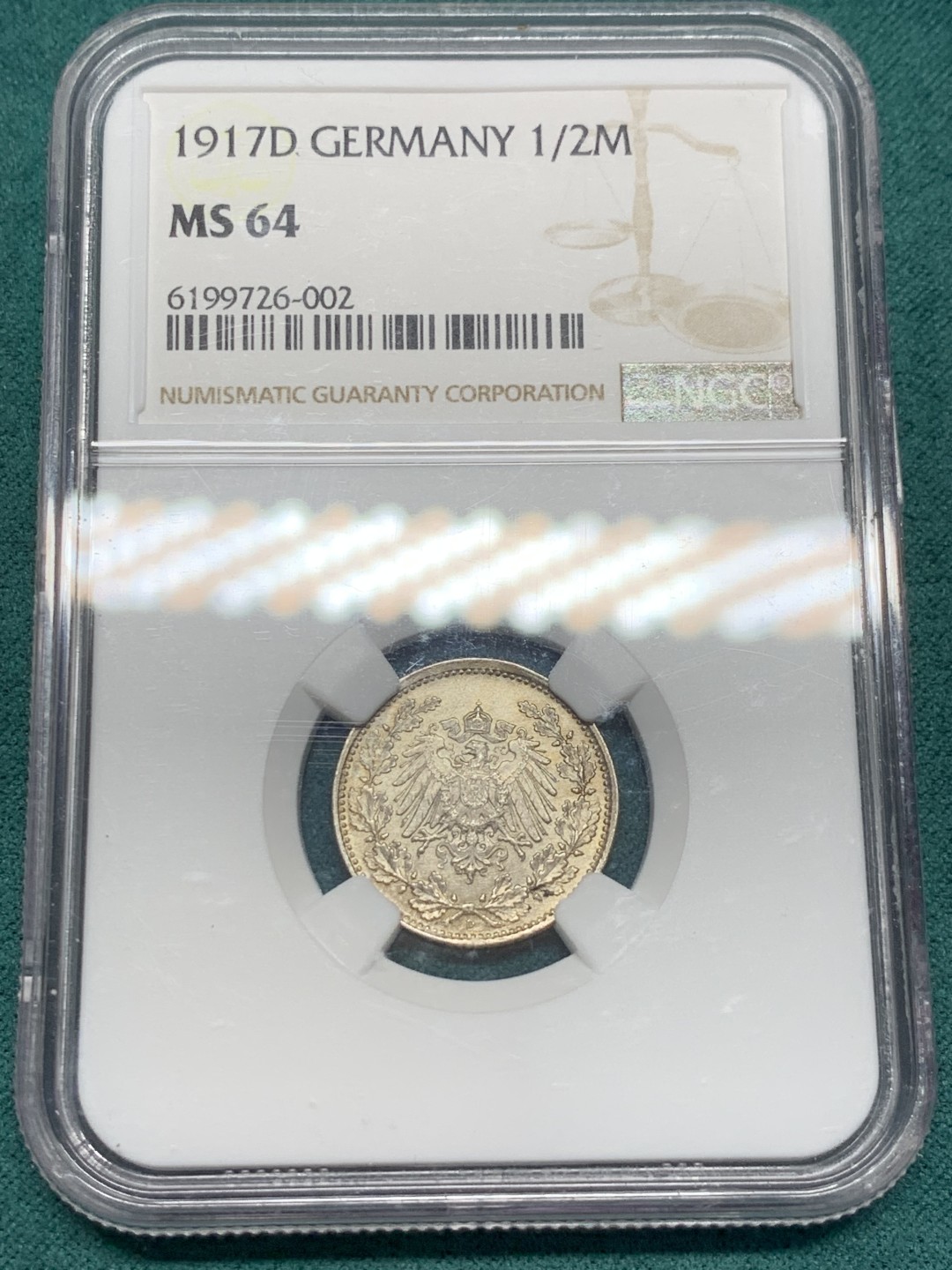 《竞宝斋》第148场-周日，周一 2场 (全场包邮) NGC-MS64 德国 1917D 1/2马克 银币