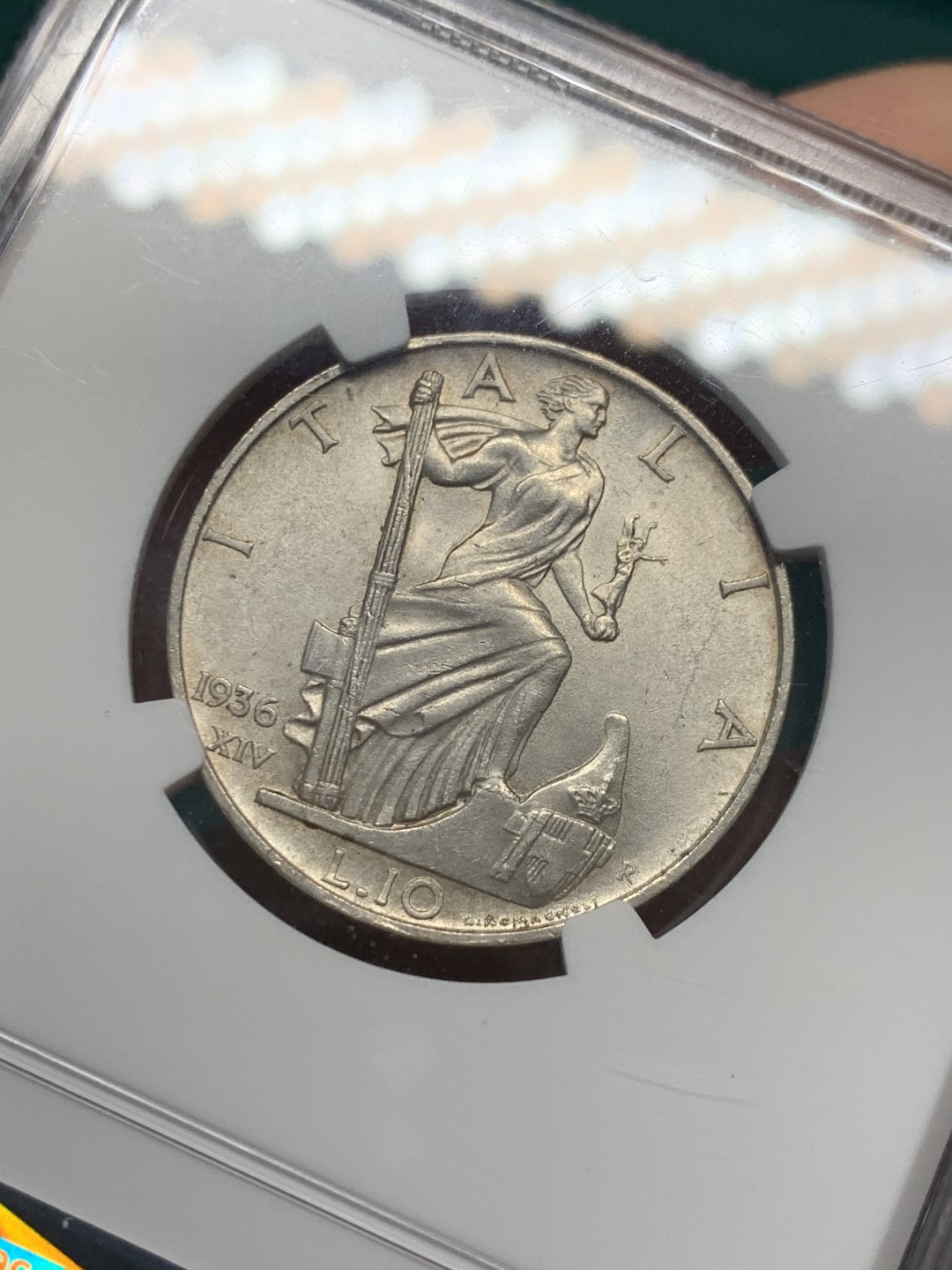 《竞宝斋》第148场-周日，周一 2场 (全场包邮) NGC-MS61 意大利 1936 伊曼纽尔三世 10里拉 银币