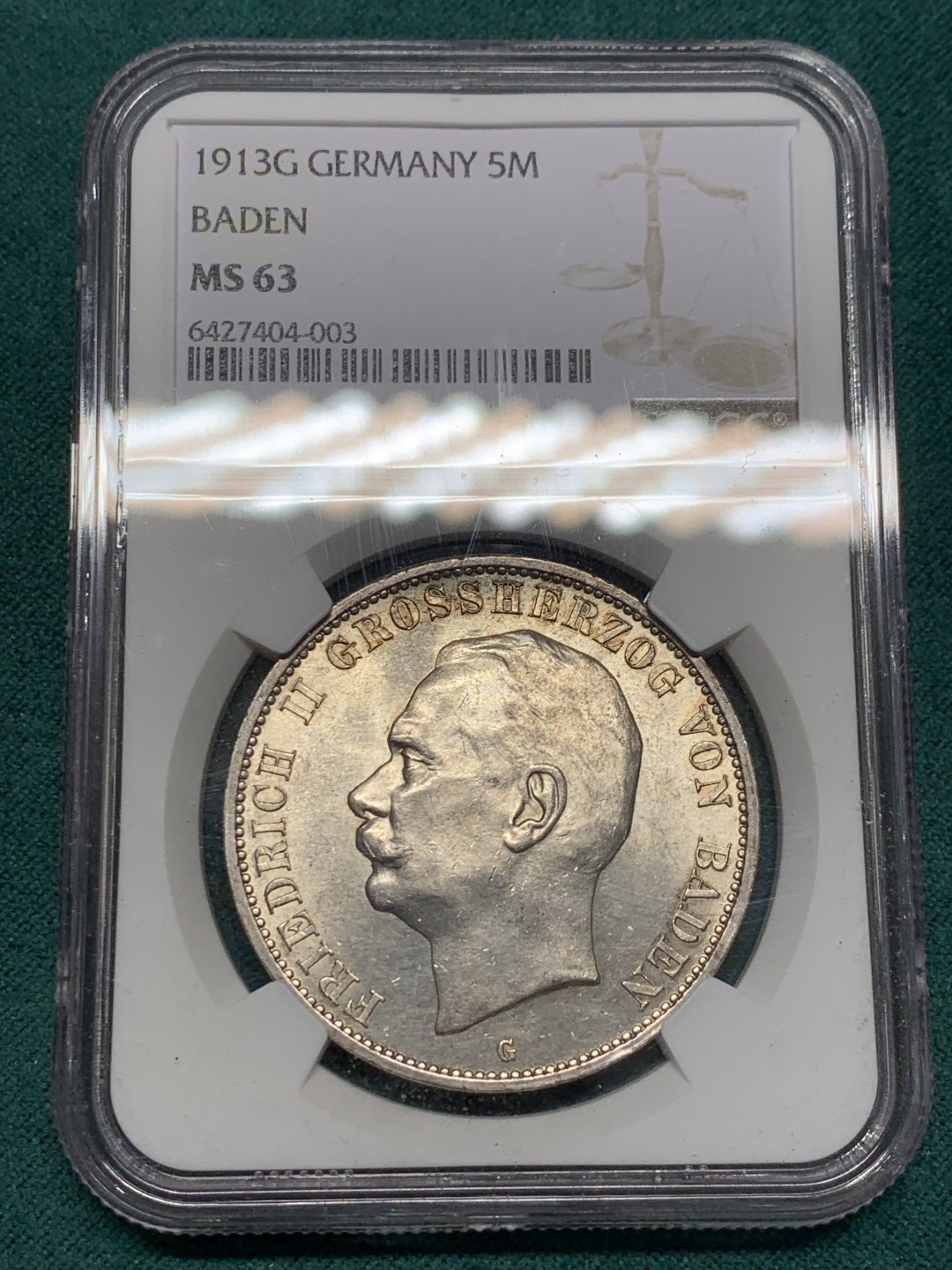 《竞宝斋》第148场-周日，周一 2场 (全场包邮) NGC-MS63 德国1913年 巴登 5马克 大银币 少见品种