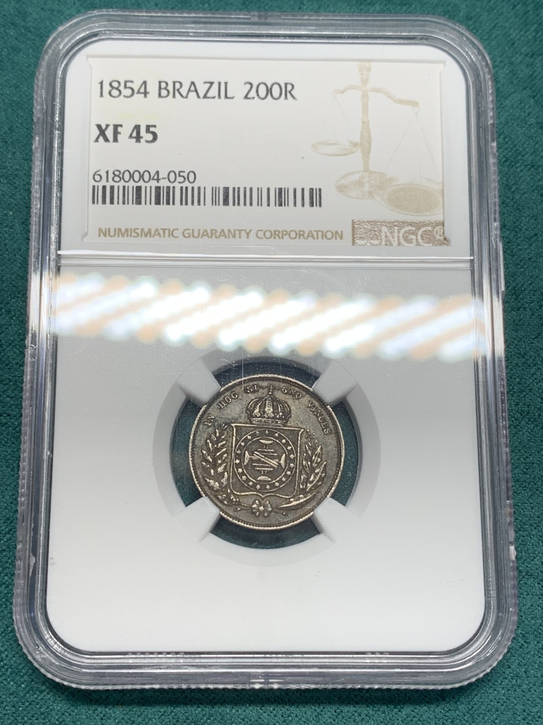 《竞宝斋》第148场-周日，周一 2场 (全场包邮) NGC-XF45 1854巴西200里亚尔银币，小叶版，小年，有分的更不多见