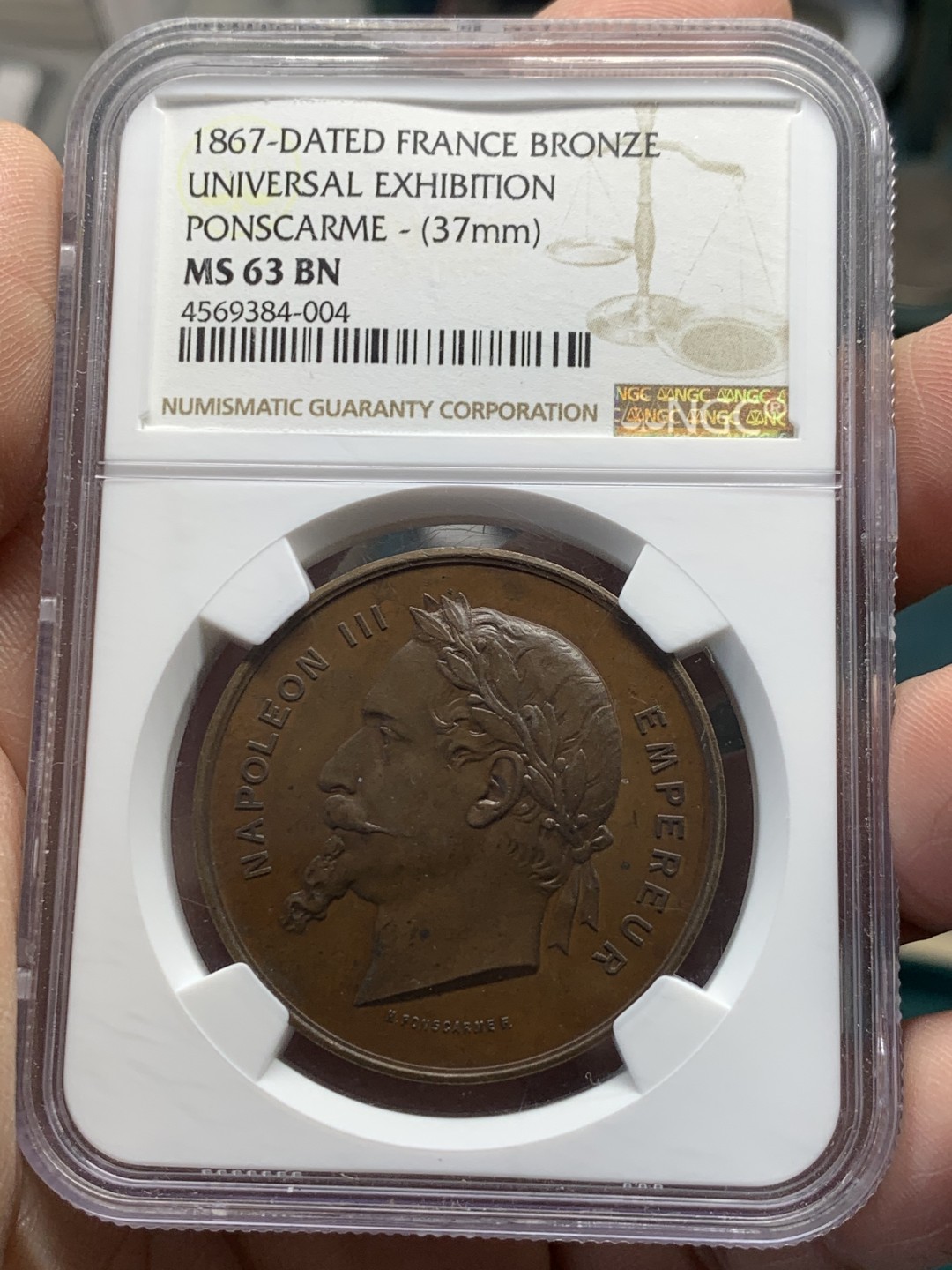 《竞宝斋》第148场-周日，周一 2场 (全场包邮) NGC-MS63 法国 1867 拿破仑三世纪念铜章 大师 Hubert Ponscarme 杰作 37mm
