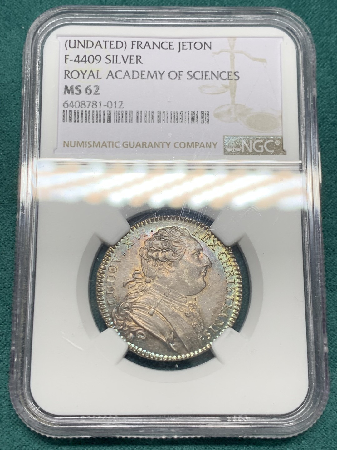 《竞宝斋》第148场-周日，周一 2场 (全场包邮) NGC-MS62 法国十八世纪 路易十五 皇家科学院 JETON 银质 顶级品相 五彩包浆