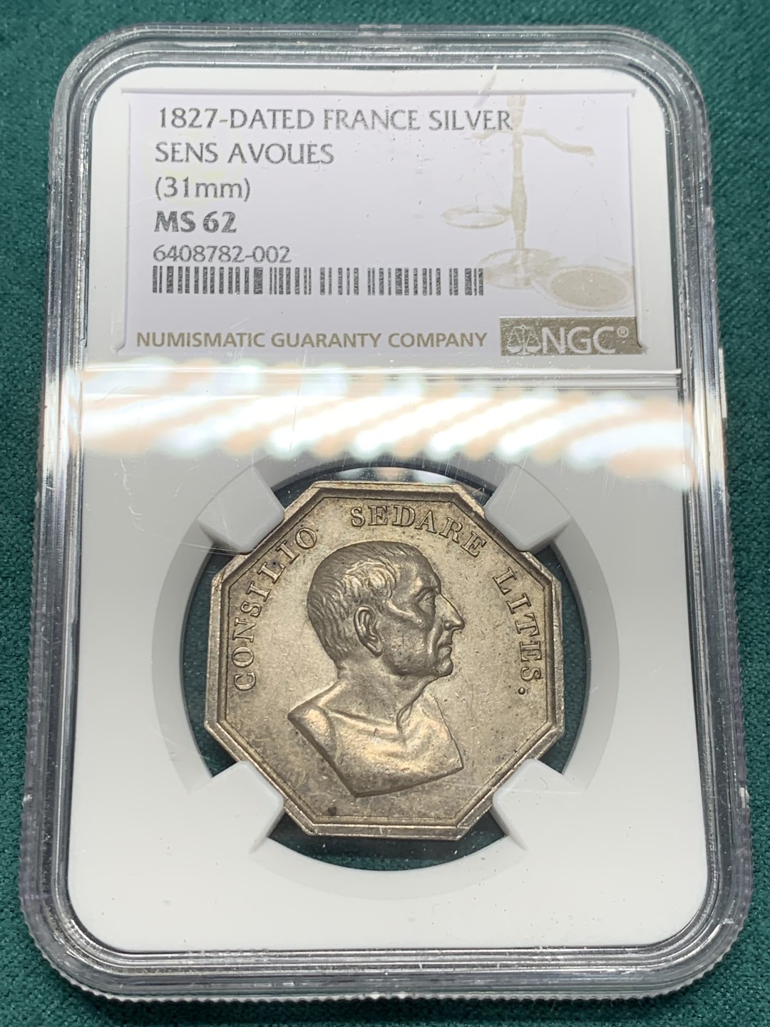 《竞宝斋》第148场-周日，周一 2场 (全场包邮) NGC-MS62 法国1827年 八角 JETON 银质 五彩包浆