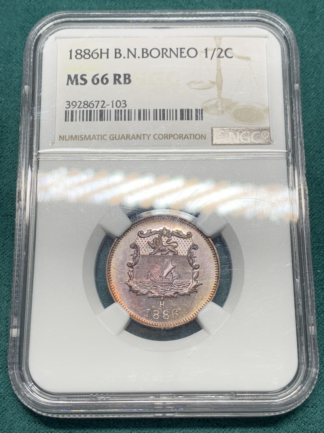 《竞宝斋》第148场-周日，周一 2场 (全场包邮) NGC-MS66RB 英属北婆罗洲 1886年（H） 洋元半分 高分状态好 铜光极强 收藏佳品！