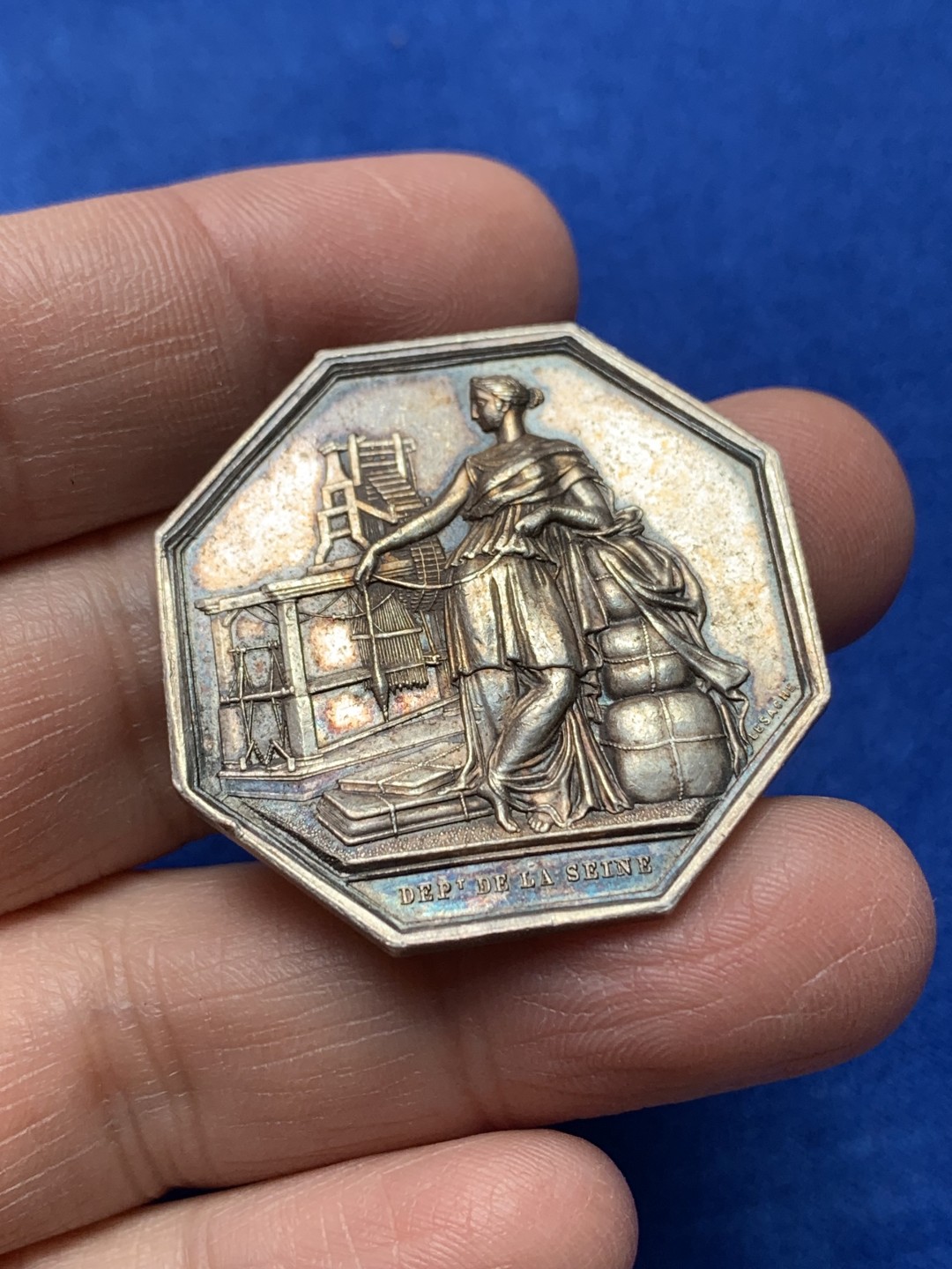 《竞宝斋》第148场-周日，周一 2场 (全场包邮) 法国 纺织协会 八角银质代币 jeton 18g 右手边铭（1845-1860年）