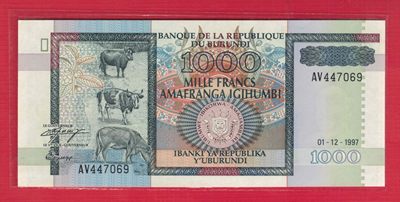 布隆迪1000法郎 1997年 非洲纸币 实物图 UNC - 布隆迪1000法郎 1997年 非洲纸币 实物图 UNC