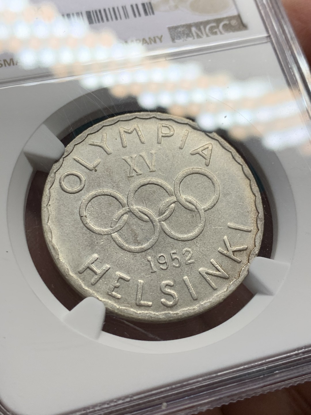 《竞宝斋》第148场-周日，周一 2场 (全场包邮) NGC-MS62 芬兰1952年 五环500马克大银币 顶级好品