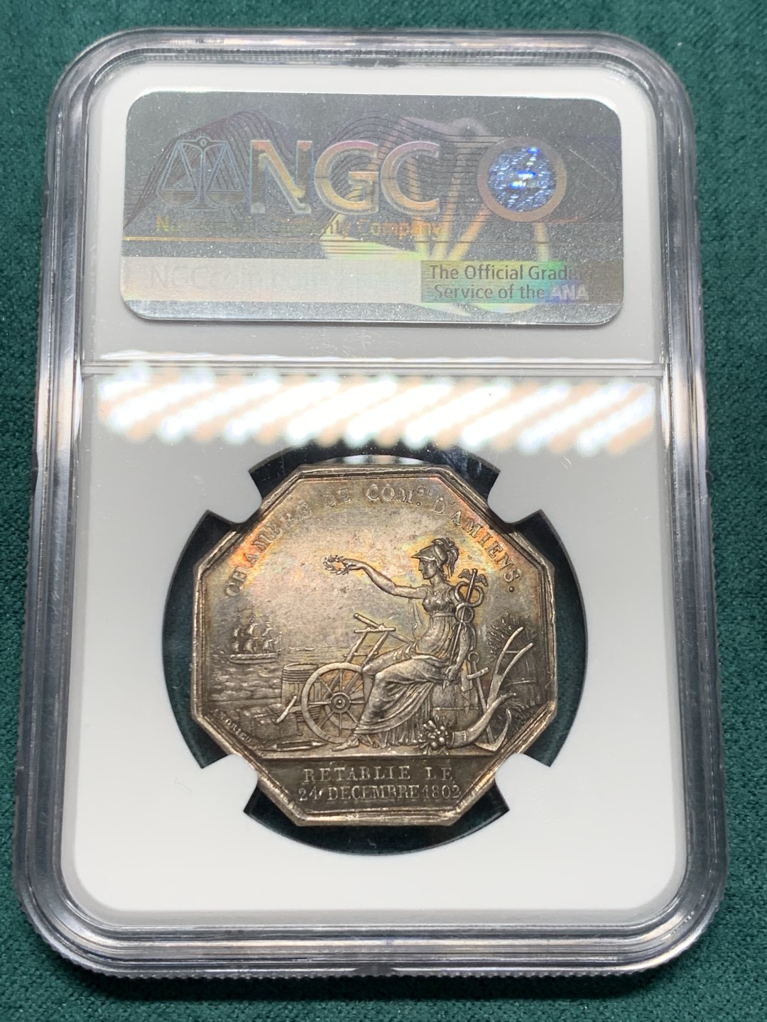 《竞宝斋》第148场-周日，周一 2场 (全场包邮) NGC MS61 法国 菲利普像 1802 亚眠商会 银质八角代币 背面少见品种