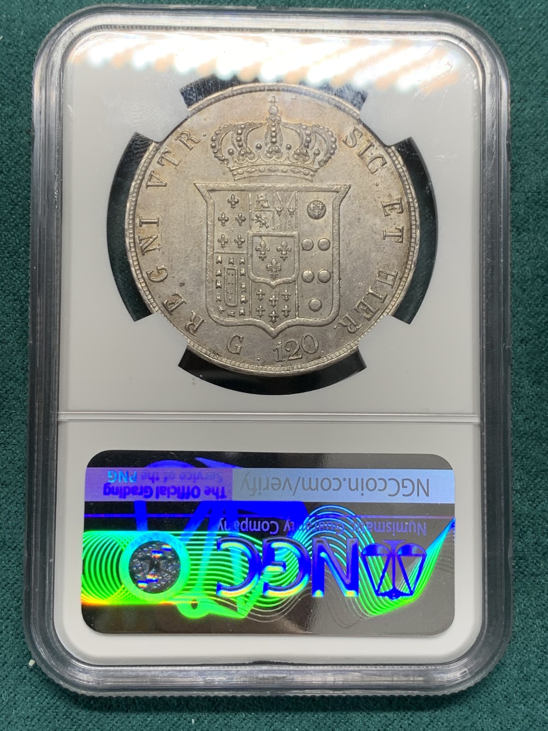 《竞宝斋》第148场-周日，周一 2场 (全场包邮) NGC MS62 意大利/波旁-两西西里 1857年120G，字母“D”断字版