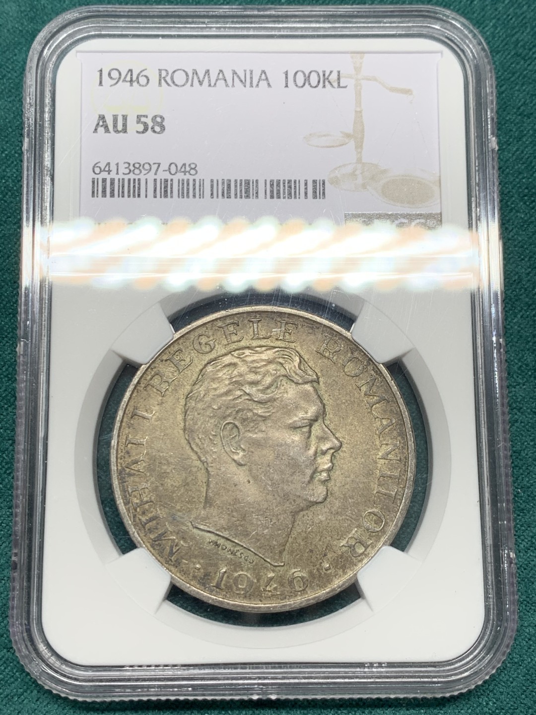 《竞宝斋》第148场-周日，周一 2场 (全场包邮) NGC-AU58 罗马尼亚1946年 100000列伊大银币 五彩包浆 非常漂亮