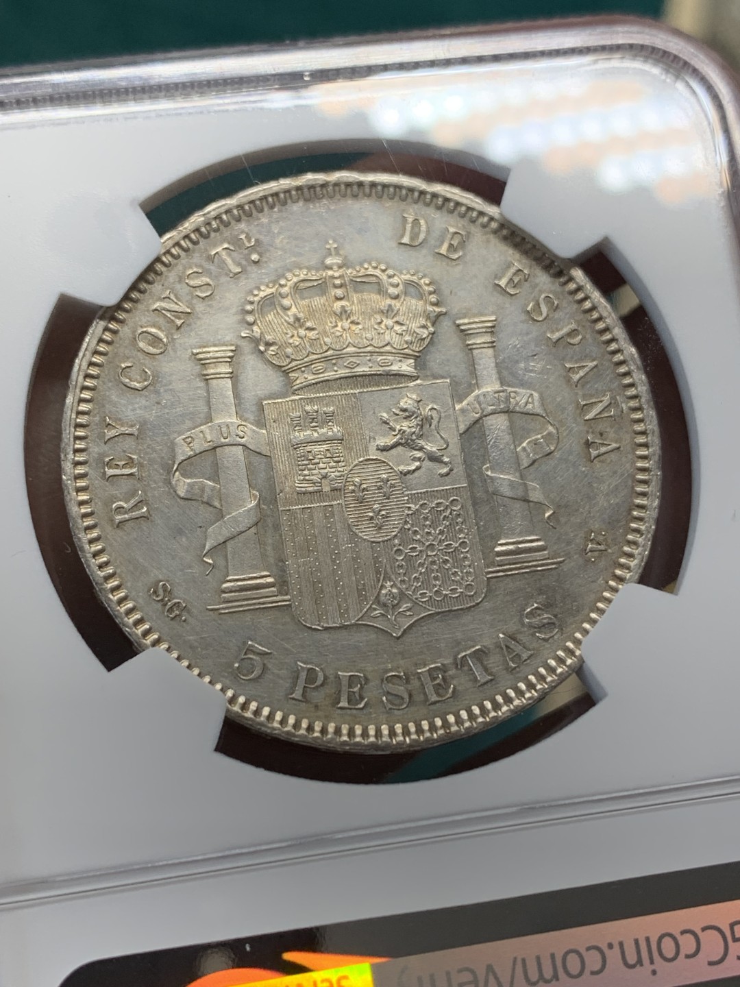 《竞宝斋》第148场-周日，周一 2场 (全场包邮) NGC UNC 西班牙 1898年 阿方索十三世 5比塞塔银币 细节不错