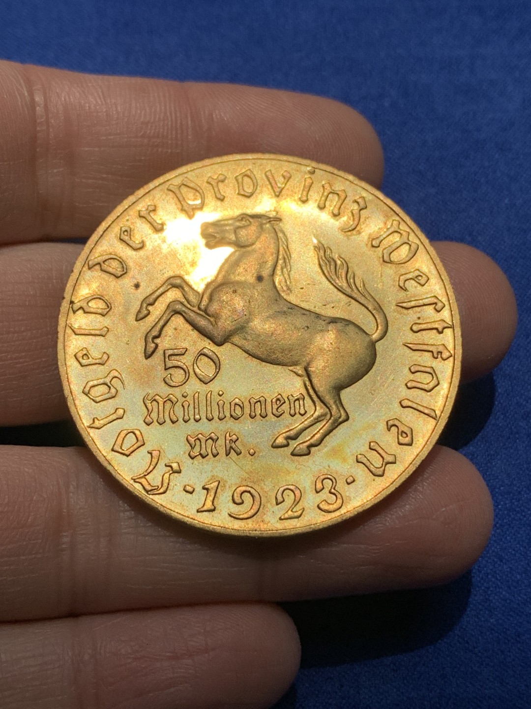 《竞宝斋》第148场-周日，周一 2场 (全场包邮) 德国 威斯特伐利亚 1923年5千万马克镀金 大马币