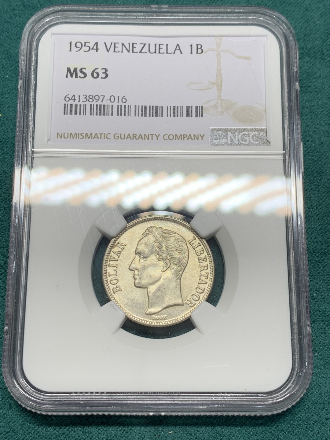 《竞宝斋》第148场-周日，周一 2场 (全场包邮) NGC-MS63 委内瑞拉1954年 1玻利瓦尔银币 原光好品