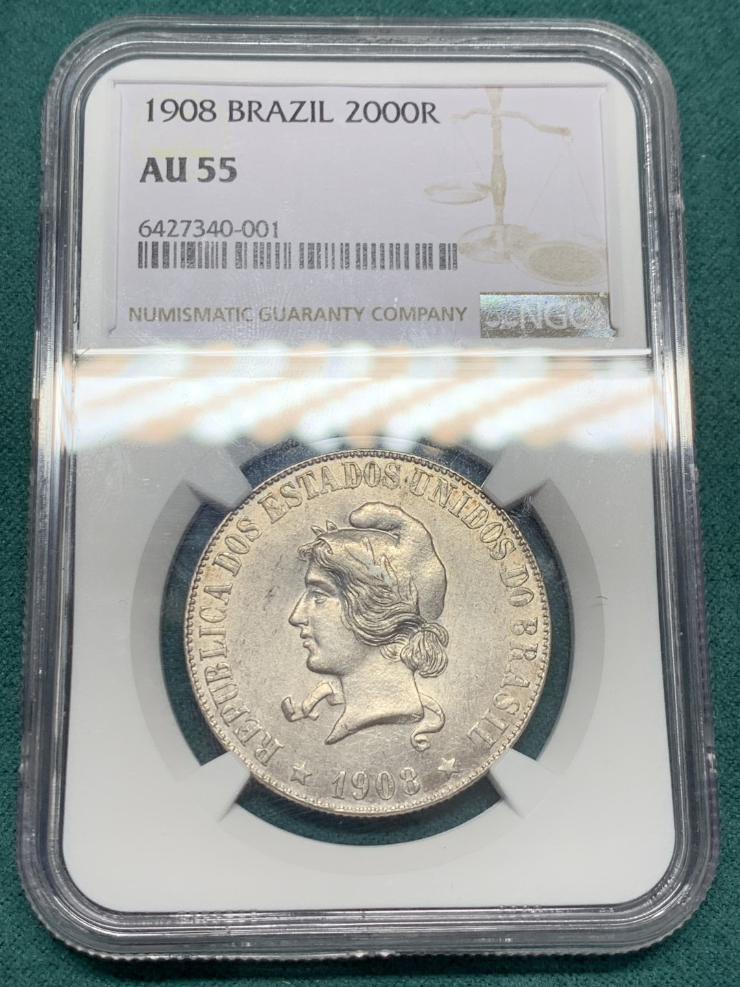 《竞宝斋》第148场-周日，周一 2场 (全场包邮) NGC AU55 巴西1908年女神2000瑞斯银币 不多的品种