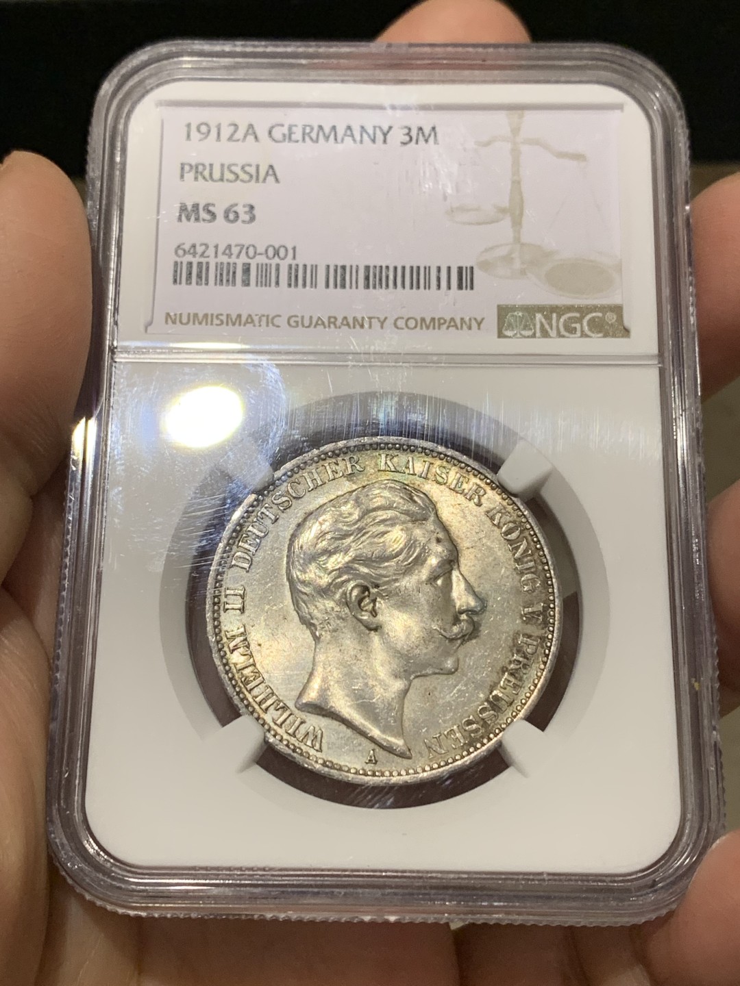 《竞宝斋》第148场-周日，周一 2场 (全场包邮) NGC MS63 德国 普鲁士1912年 3马克银币 威廉二世 光度好