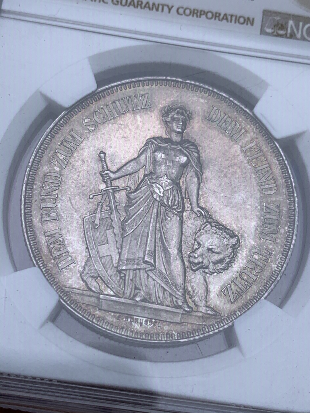 《竞宝斋》第148场-周日，周一 2场 (全场包邮) NGC-MS64+ 瑞士 1885年 伯尔尼射击节5法郎银币 经典品种 顶级品相 包浆醇厚