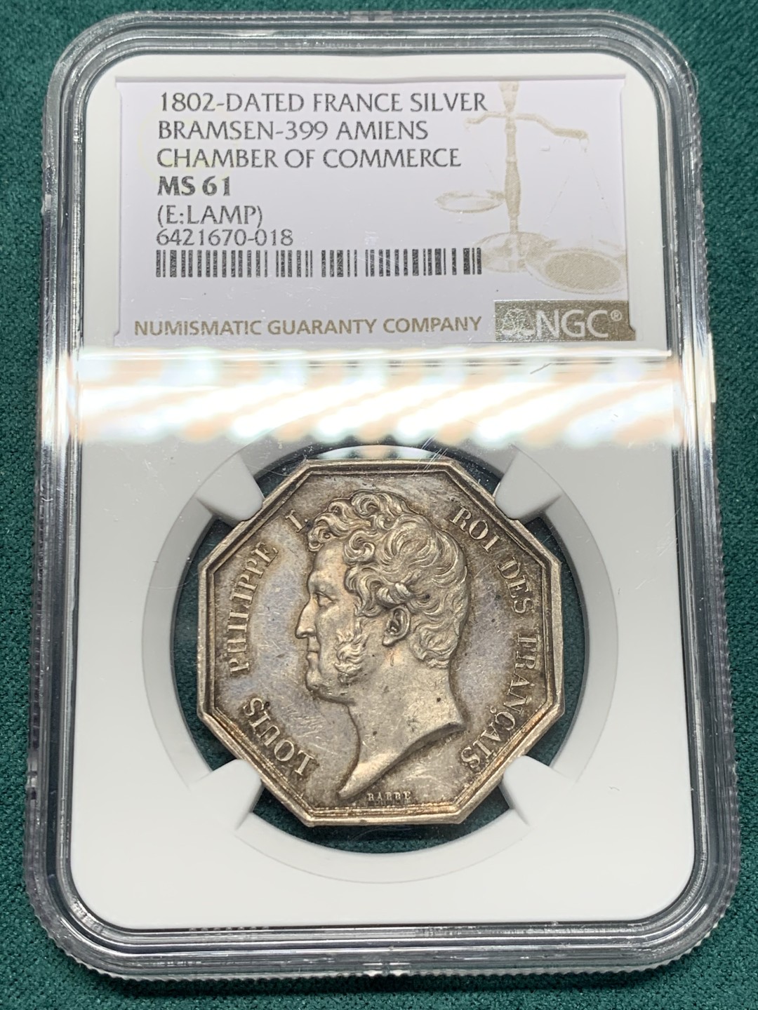 《竞宝斋》第148场-周日，周一 2场 (全场包邮) NGC MS61 法国 菲利普像 1802 亚眠商会 银质八角代币 背面少见品种