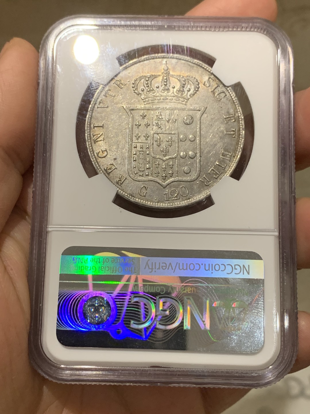 《竞宝斋》第148场-周日，周一 2场 (全场包邮) NGC MS62 意大利/波旁-两西西里 1857年120G，字母“D”断字版