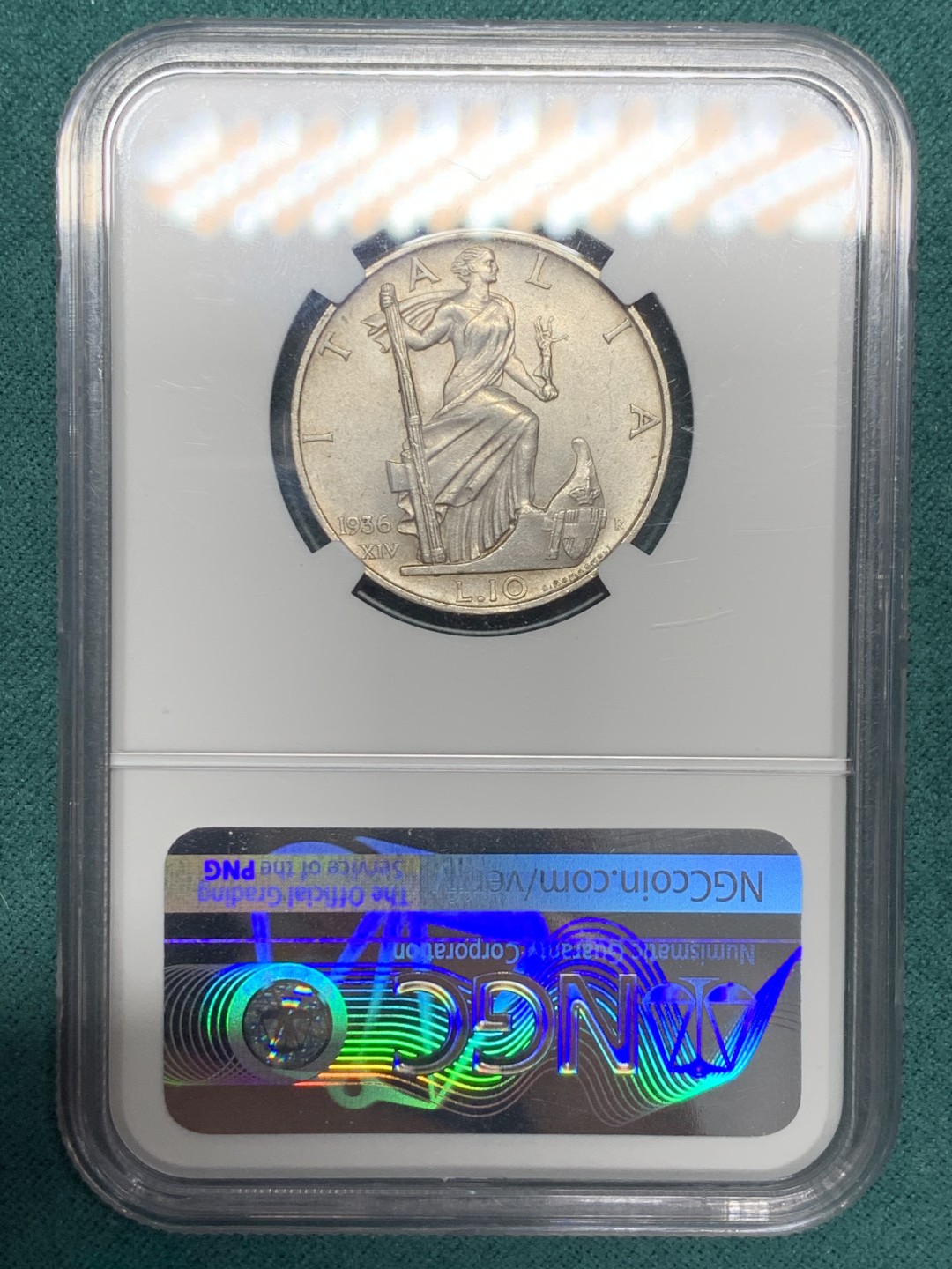 《竞宝斋》第148场-周日，周一 2场 (全场包邮) NGC-MS61 意大利 1936 伊曼纽尔三世 10里拉 银币