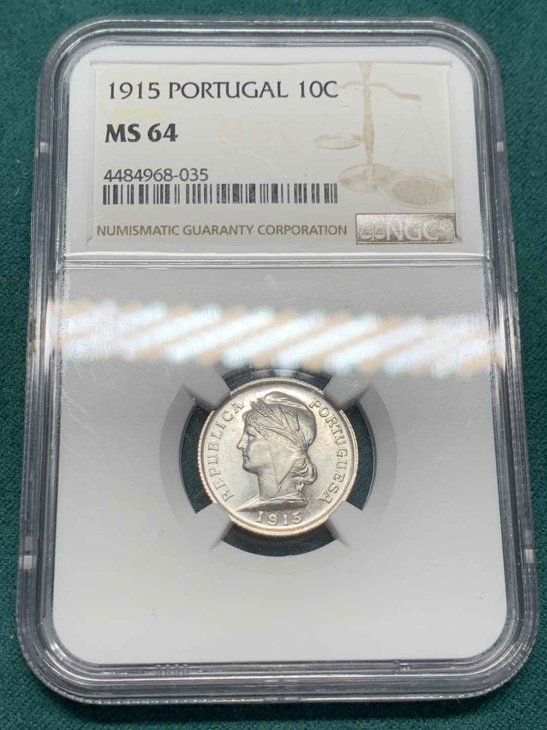 《竞宝斋》第148场-周日，周一 2场 (全场包邮) NGC-MS64 1915年 葡萄牙共和国女神10分银币，顶级状态，底板镜面感十足，银光闪闪。凑套上品之选